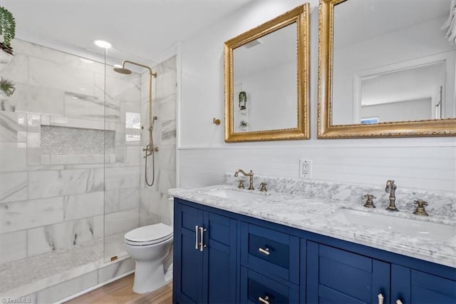 bathroom with double vanity, a stall shower, toilet, and a sink