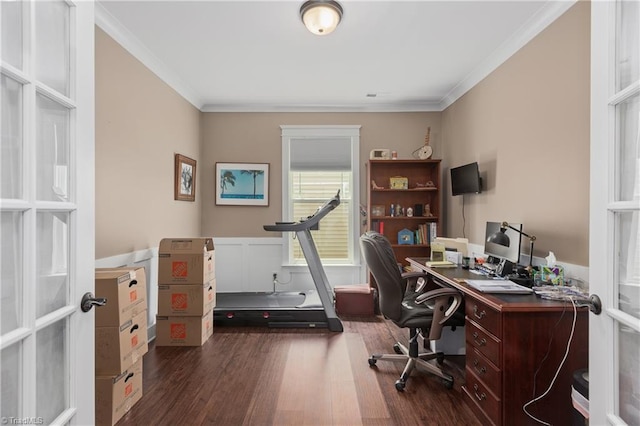 254 Kilbourne Dr, Advance, NC 27006 - office area featuring dark wood-style flooring, crown molding, and a wainscoted wall