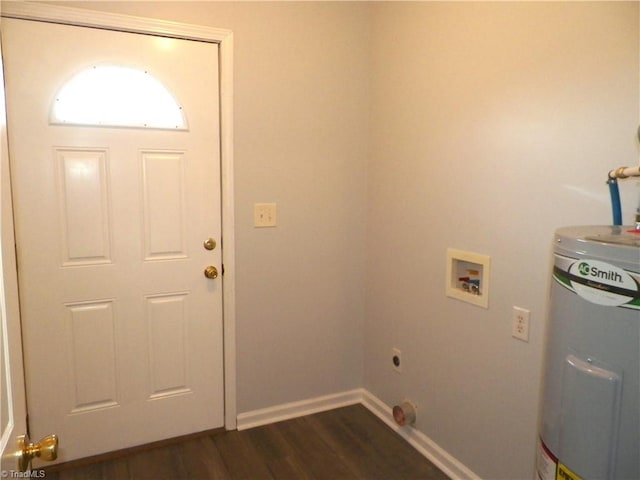 laundry room featuring laundry area, baseboards, dark wood finished floors, electric water heater, and washer hookup