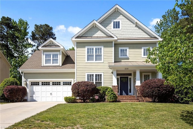 craftsman-style home featuring a garage, concrete driveway, and a front yard