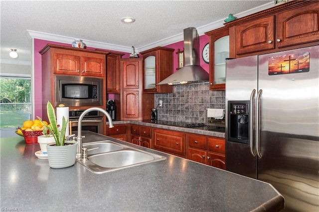 kitchen with dark countertops, appliances with stainless steel finishes, a sink, wall chimney exhaust hood, and ornamental molding