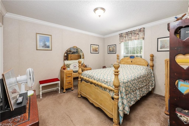 bedroom with crown molding, a textured ceiling, and carpet