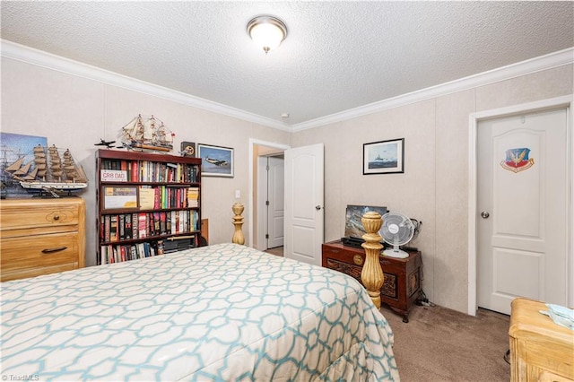 bedroom with crown molding, carpet, and a textured ceiling