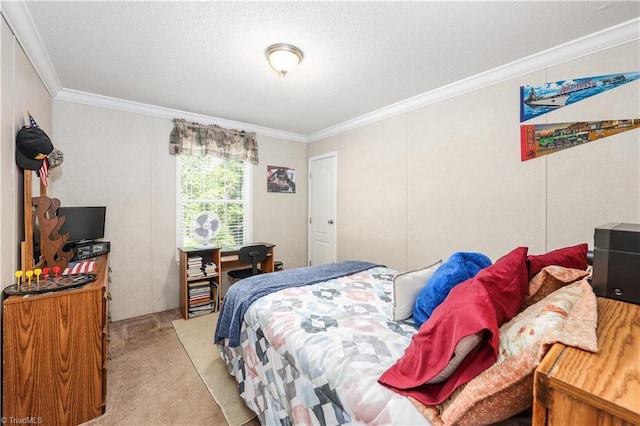 bedroom featuring ornamental molding, light carpet, and a textured ceiling