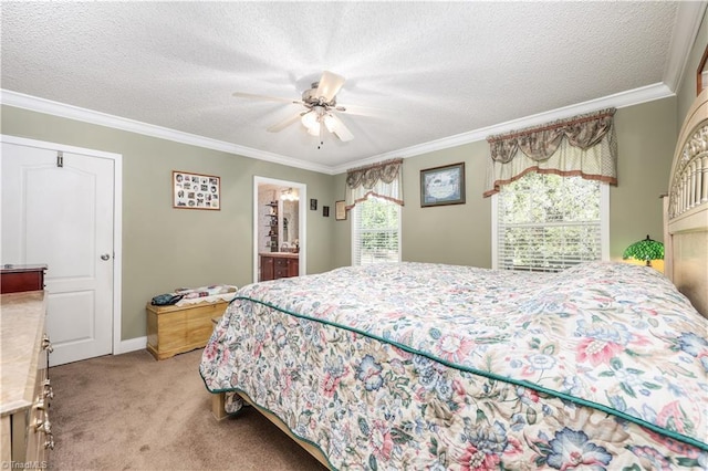 bedroom with a textured ceiling, light carpet, and ornamental molding