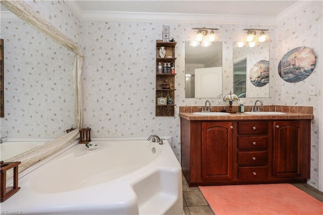 bathroom with a sink, a garden tub, and wallpapered walls