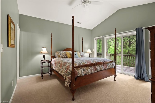 196 Evergreen Springs Ct Unit 602, Blowing Rock, NC 28605 - bedroom with light colored carpet, access to exterior, lofted ceiling, baseboards, and ceiling fan