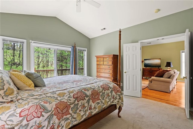 196 Evergreen Springs Ct Unit 602, Blowing Rock, NC 28605 - carpeted bedroom with vaulted ceiling, access to exterior, and a ceiling fan