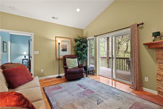 196 Evergreen Springs Ct Unit 602, Blowing Rock, NC 28605 - living room featuring wood finished floors, baseboards, and high vaulted ceiling