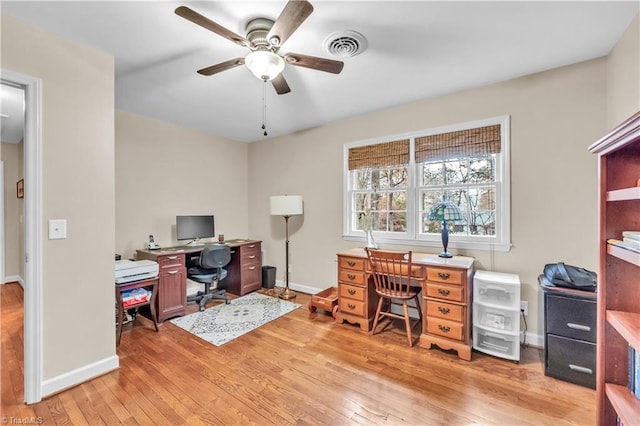 office area featuring light hardwood / wood-style floors and ceiling fan