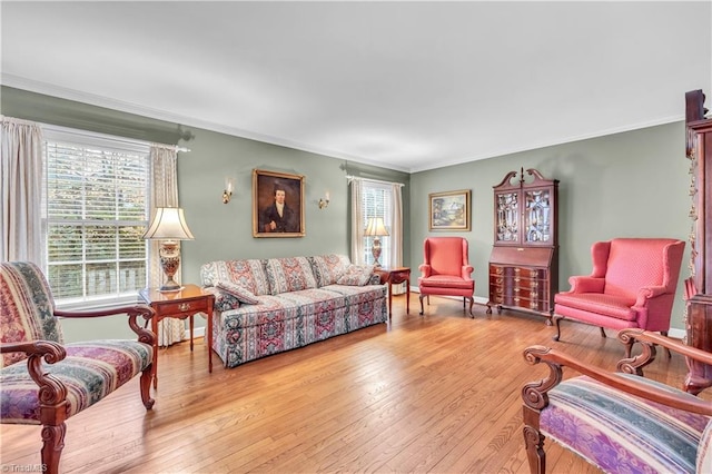 living room featuring light hardwood / wood-style floors and ornamental molding