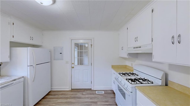 kitchen with white cabinetry, white appliances, electric panel, and light wood-type flooring