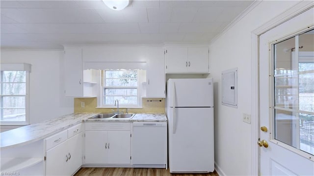 kitchen featuring white appliances, white cabinetry, sink, light wood-type flooring, and electric panel