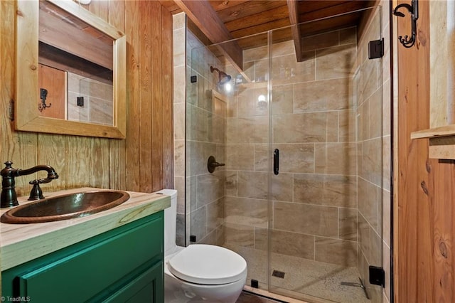 bathroom with vanity, wooden walls, toilet, and a shower stall