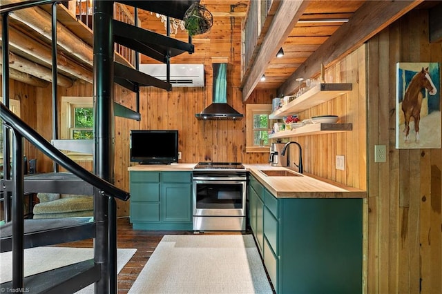 kitchen with wood walls, a sink, green cabinets, electric stove, and wall chimney exhaust hood