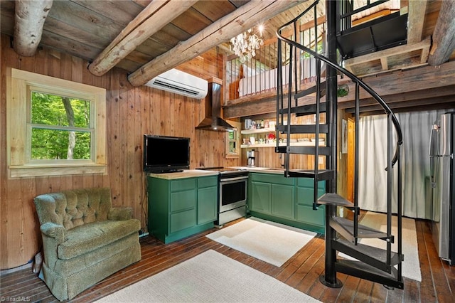 bar featuring a wall unit AC, wood walls, beam ceiling, wooden ceiling, and stainless steel appliances