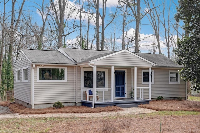 view of front of property with a porch, crawl space, and a shingled roof