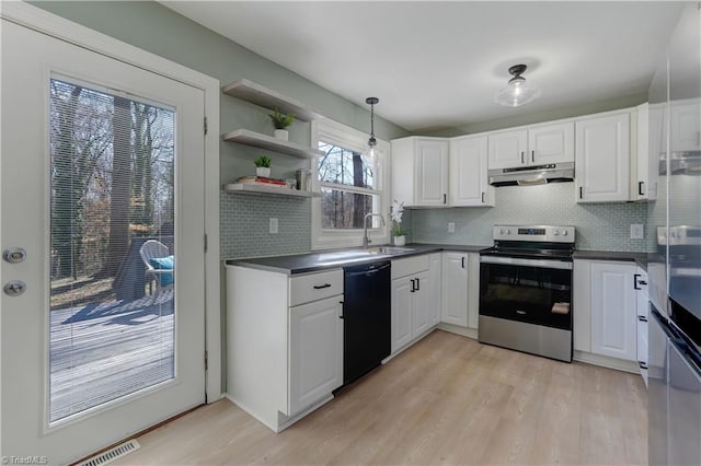 kitchen featuring under cabinet range hood, a sink, white cabinetry, appliances with stainless steel finishes, and dark countertops