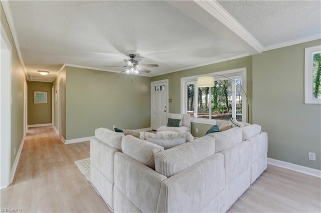 living room with light wood-type flooring, attic access, ornamental molding, and a textured ceiling