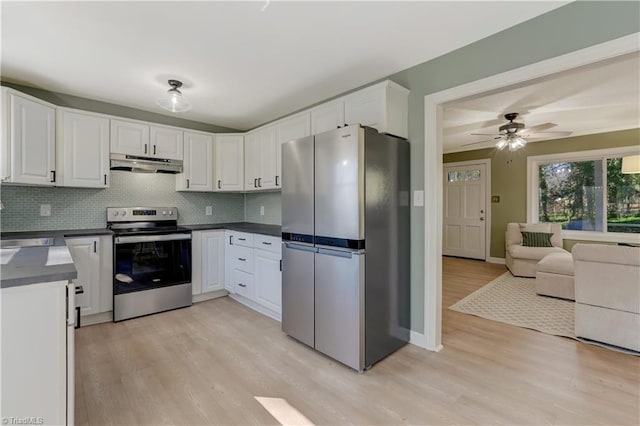 kitchen with dark countertops, under cabinet range hood, stainless steel appliances, and decorative backsplash