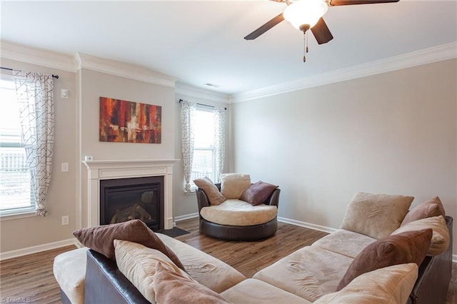 living room with hardwood / wood-style floors, ornamental molding, a wealth of natural light, and ceiling fan