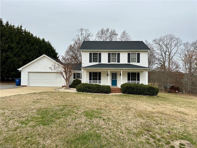 view of front facade featuring a garage, a front lawn, a porch, and concrete driveway