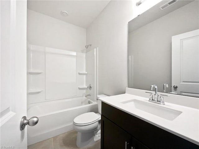 full bathroom with vanity, toilet, bathing tub / shower combination, and tile patterned flooring