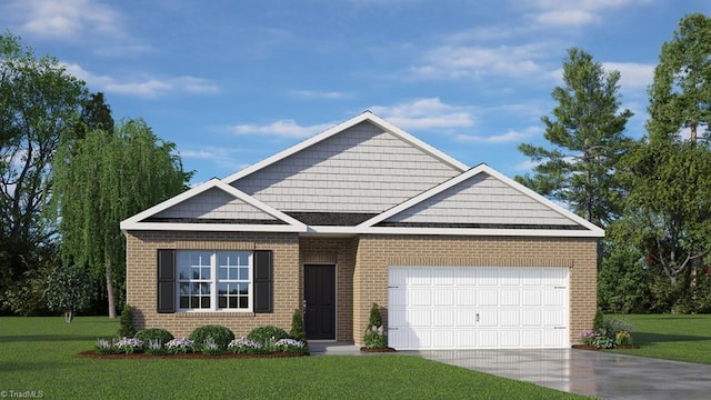 view of front facade featuring a garage, a front yard, brick siding, and driveway