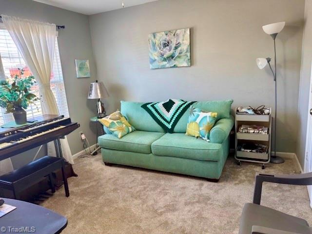 carpeted living area with a wealth of natural light and baseboards