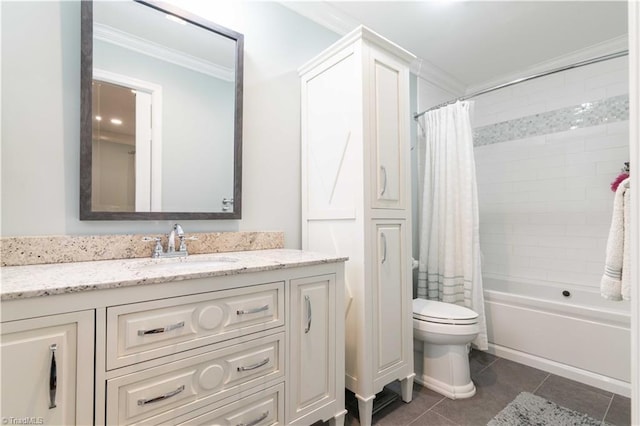 bathroom with toilet, tile patterned floors, vanity, ornamental molding, and shower / tub combo with curtain