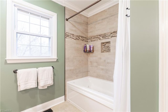 bathroom featuring ornamental molding, shower / tub combo with curtain, and baseboards