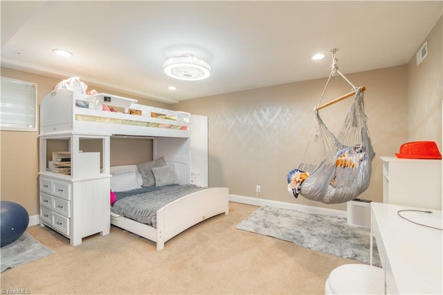 bedroom with recessed lighting, visible vents, and light colored carpet