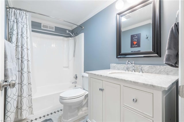 bathroom with ornamental molding, shower / tub combo, vanity, and toilet