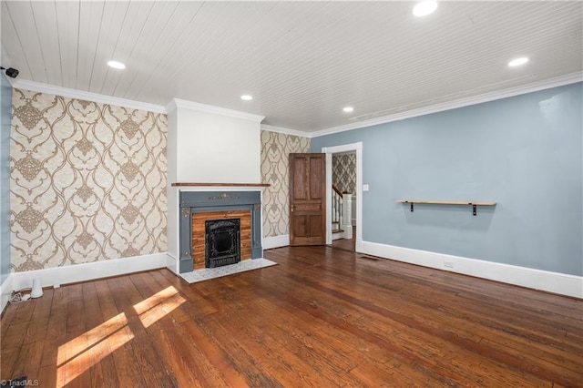 unfurnished living room featuring crown molding, baseboards, stairs, recessed lighting, and hardwood / wood-style flooring