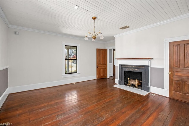 unfurnished living room featuring a chandelier, a fireplace with flush hearth, wood-type flooring, and ornamental molding