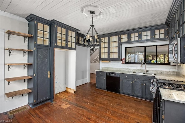 kitchen featuring a notable chandelier, open shelves, stainless steel appliances, and a sink