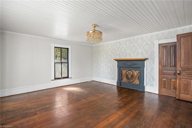 unfurnished living room featuring a fireplace, wallpapered walls, crown molding, and baseboards