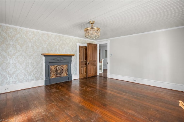 unfurnished living room featuring wallpapered walls, baseboards, and ornamental molding