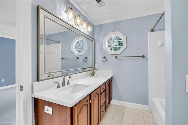 608 Greyrock Rd, Whitsett, NC 27377 - bathroom with ornamental molding, double vanity, baseboards, tile patterned floors, and  shower combination