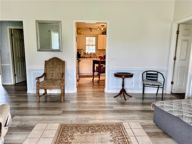 living area featuring light hardwood / wood-style floors and sink