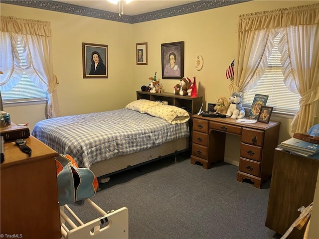 bedroom with dark colored carpet