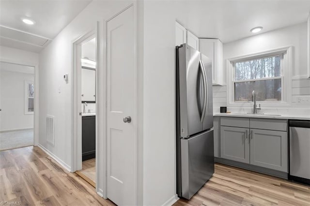 kitchen with sink, light hardwood / wood-style flooring, gray cabinetry, stainless steel appliances, and tasteful backsplash