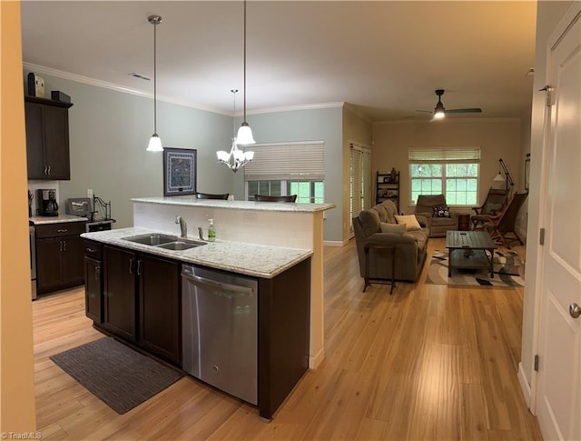 kitchen featuring crown molding, light wood-style flooring, a sink, dark brown cabinets, and dishwasher