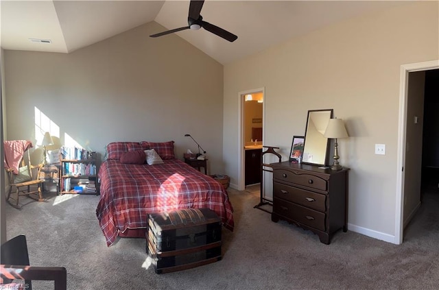 bedroom with a ceiling fan, baseboards, visible vents, and carpet flooring