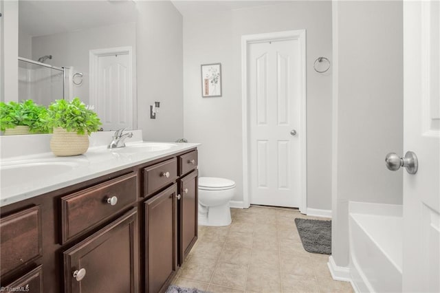 4385 Morning Ridge Ln, Winston-Salem, NC 27101 - bathroom with double vanity, a shower stall, a bath, and tile patterned floors