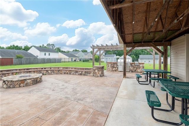 4385 Morning Ridge Ln, Winston-Salem, NC 27101 - fenced backyard featuring a fire pit, a patio area, a pergola, a residential view, and area for grilling