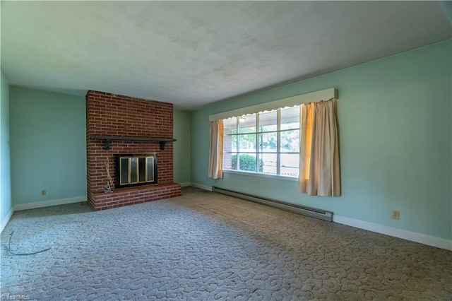 unfurnished living room with baseboard heating, a fireplace, and carpet floors