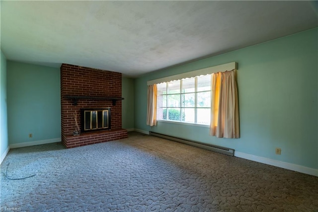 unfurnished living room featuring a fireplace, carpet flooring, and a baseboard heating unit