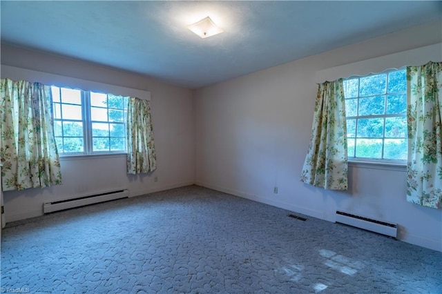 unfurnished room with carpet floors and a baseboard radiator