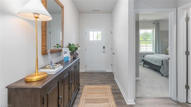 doorway to outside featuring dark wood-type flooring and plenty of natural light